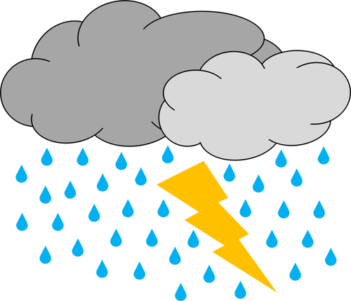 Immagine vettoriale di due nuvole con pioggia e illuminazione icona meteo