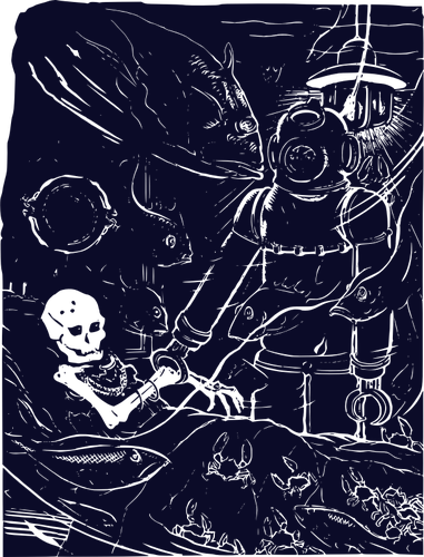 Vector drawing of skeleton discovery in the shipwreck
